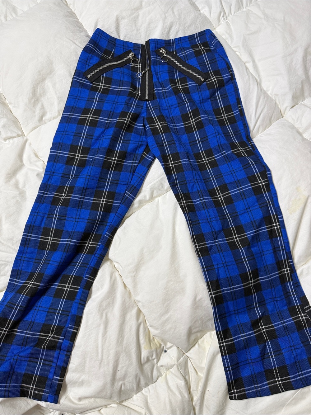 The Ragged Priest Blue and Black Plaid Pants with Zipper Accents